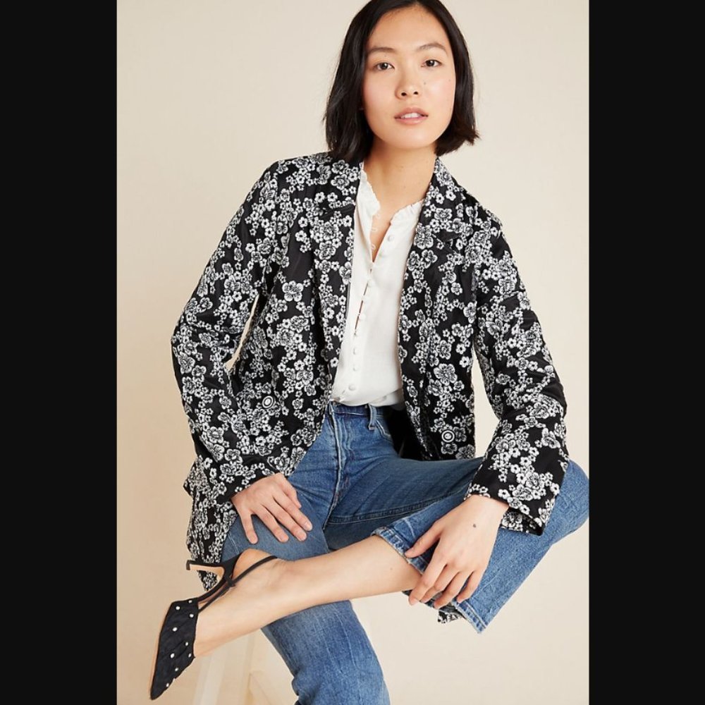 Anthropologie Eva Franco Aylie Floral Embroidered Black and White Blazer Jacket